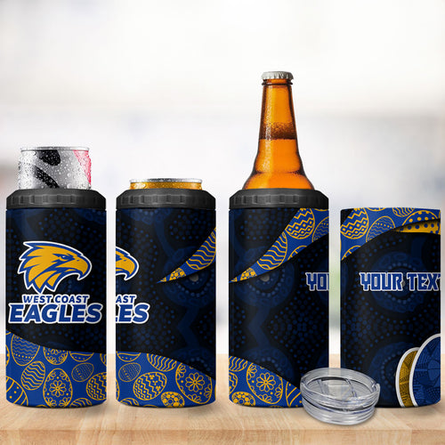 Personalized West Coast Eagles Football 4 in 1 Can Cooler Tumbler Easter Egg Pattern Blue Gold Tribal Dot Art Style