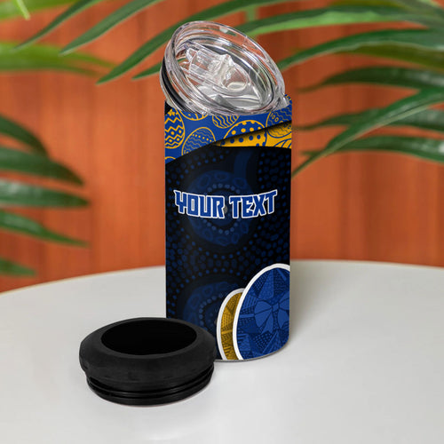 Personalized West Coast Eagles Football 4 in 1 Can Cooler Tumbler Easter Egg Pattern Blue Gold Tribal Dot Art Style