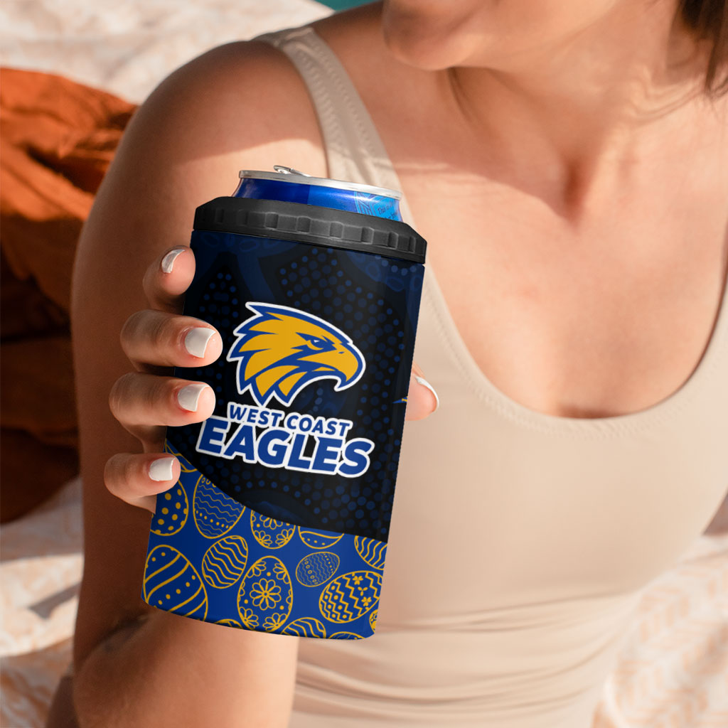 Personalized West Coast Eagles Football 4 in 1 Can Cooler Tumbler Easter Egg Pattern Blue Gold Tribal Dot Art Style