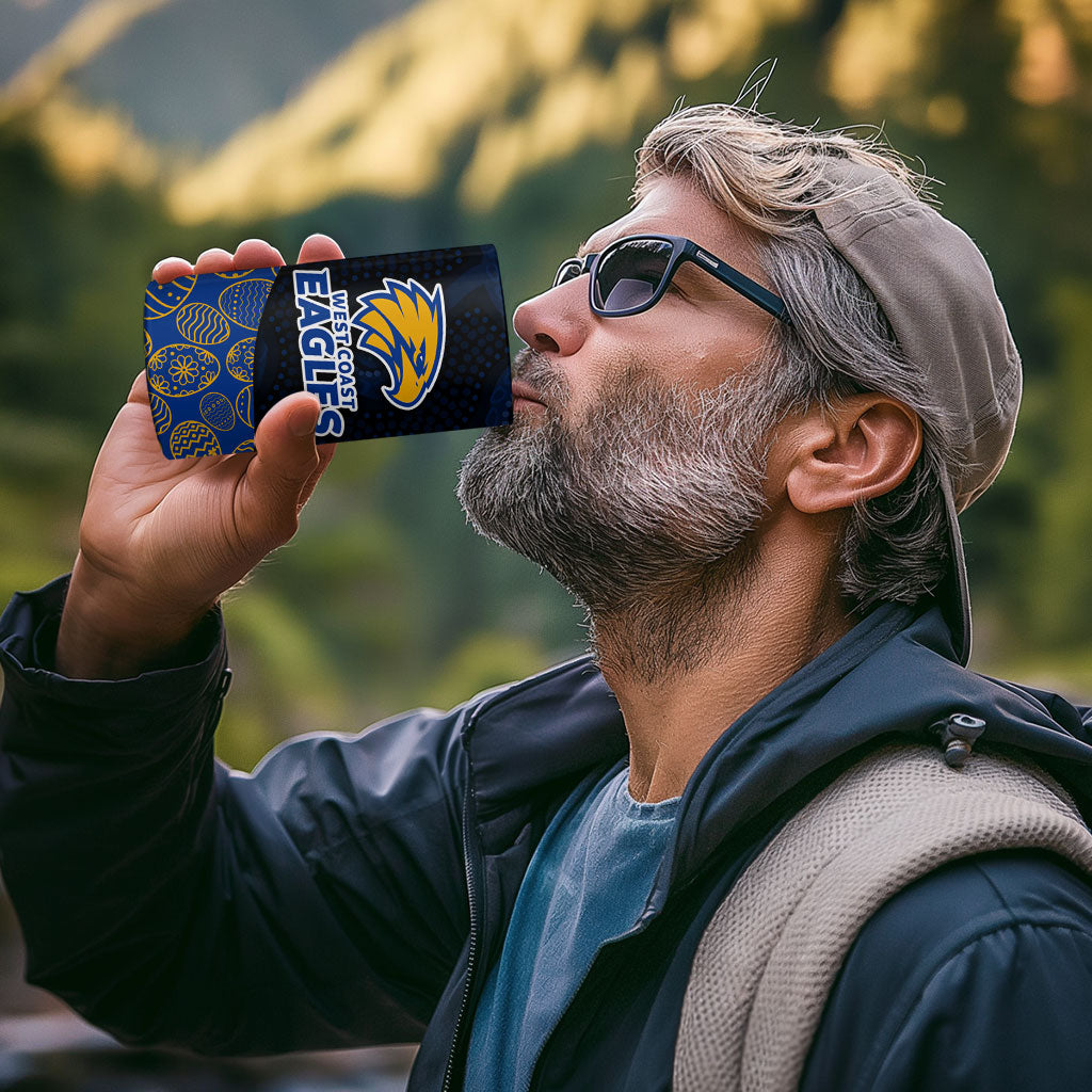 Personalized West Coast Eagles Football 4 in 1 Can Cooler Tumbler Easter Egg Pattern Blue Gold Tribal Dot Art Style