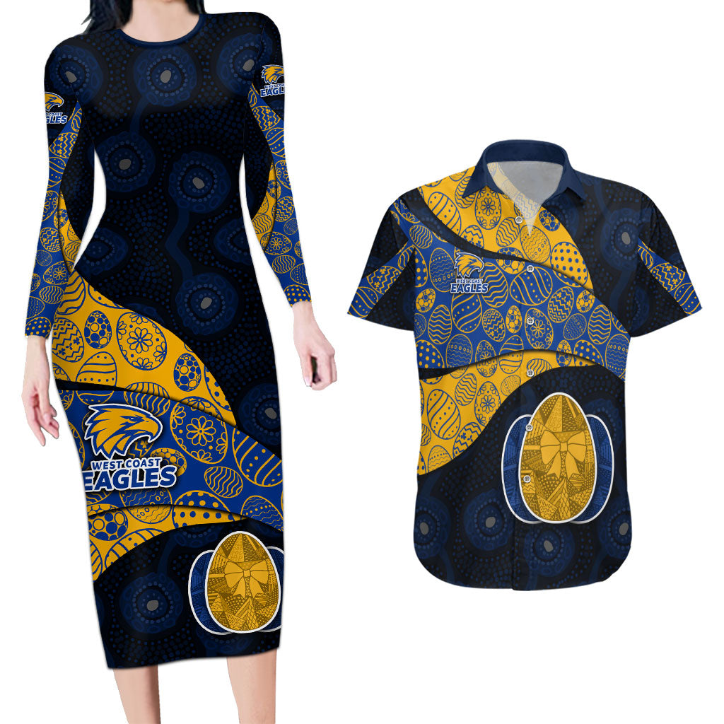 Personalized West Coast Eagles Football Couples Matching Long Sleeve Bodycon Dress and Hawaiian Shirt Easter Egg Pattern Blue Gold Tribal Dot Art Style
