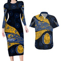 Personalized West Coast Eagles Football Couples Matching Long Sleeve Bodycon Dress and Hawaiian Shirt Easter Egg Pattern Blue Gold Tribal Dot Art Style