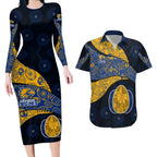 Personalized West Coast Eagles Football Couples Matching Long Sleeve Bodycon Dress and Hawaiian Shirt Easter Egg Pattern Blue Gold Tribal Dot Art Style