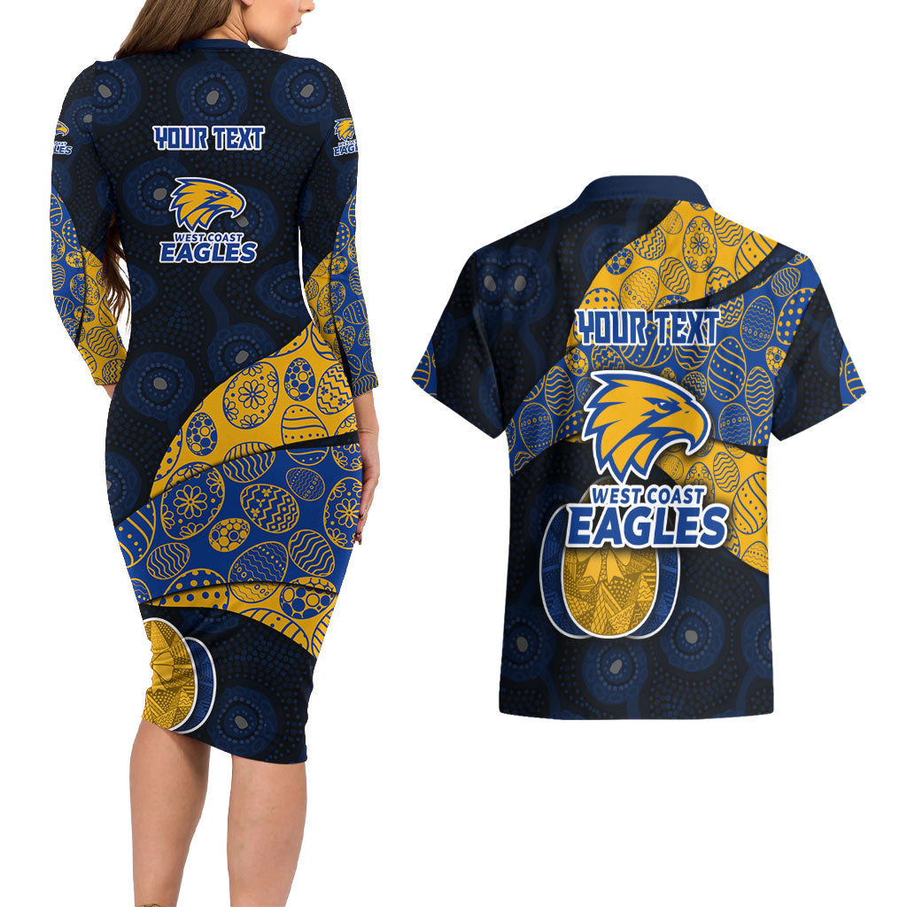 Personalized West Coast Eagles Football Couples Matching Long Sleeve Bodycon Dress and Hawaiian Shirt Easter Egg Pattern Blue Gold Tribal Dot Art Style