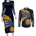 Personalized West Coast Eagles Football Couples Matching Long Sleeve Bodycon Dress and Long Sleeve Button Shirt Easter Egg Pattern Blue Gold Tribal Dot Art Style