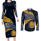 Personalized West Coast Eagles Football Couples Matching Long Sleeve Bodycon Dress and Long Sleeve Button Shirt Easter Egg Pattern Blue Gold Tribal Dot Art Style