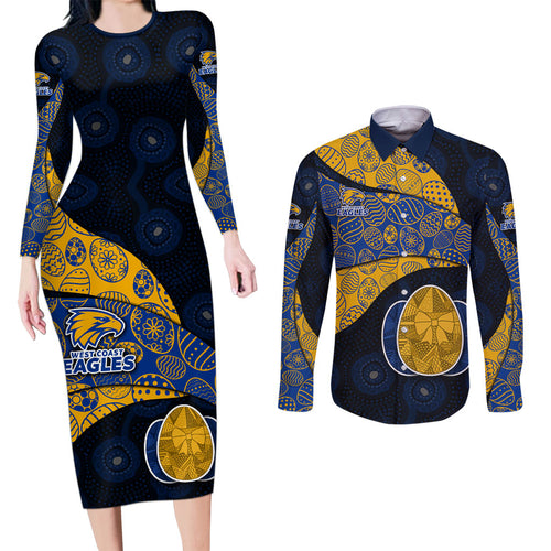 Personalized West Coast Eagles Football Couples Matching Long Sleeve Bodycon Dress and Long Sleeve Button Shirt Easter Egg Pattern Blue Gold Tribal Dot Art Style