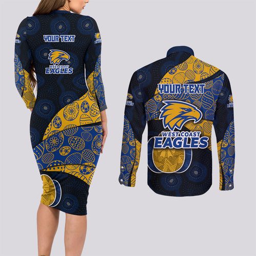 Personalized West Coast Eagles Football Couples Matching Long Sleeve Bodycon Dress and Long Sleeve Button Shirt Easter Egg Pattern Blue Gold Tribal Dot Art Style