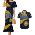 Personalized West Coast Eagles Football Couples Matching Mermaid Dress and Hawaiian Shirt Easter Egg Pattern Blue Gold Tribal Dot Art Style