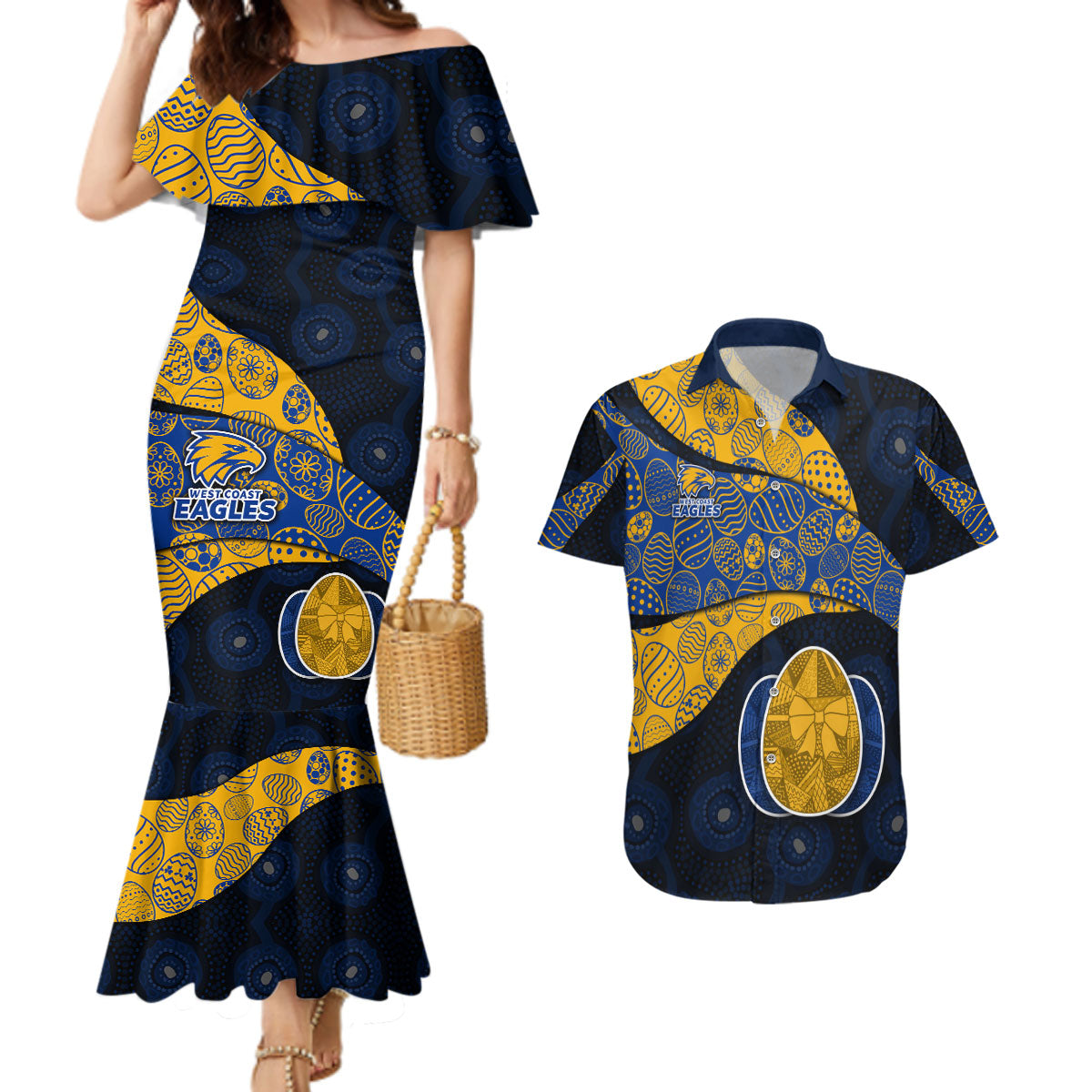 Personalized West Coast Eagles Football Couples Matching Mermaid Dress and Hawaiian Shirt Easter Egg Pattern Blue Gold Tribal Dot Art Style