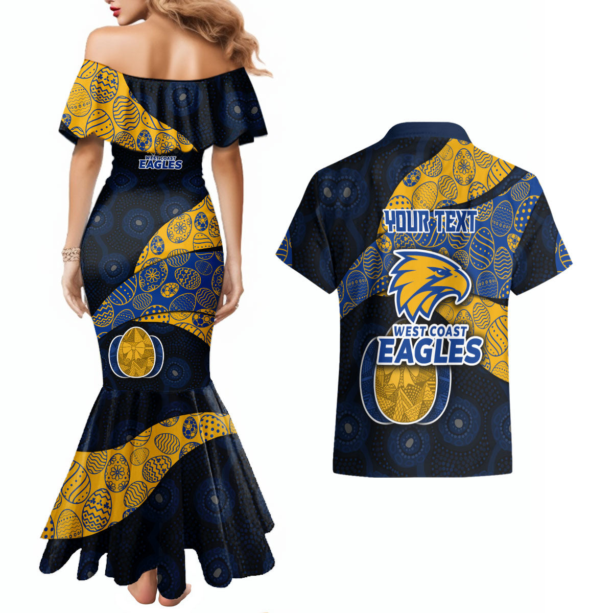 Personalized West Coast Eagles Football Couples Matching Mermaid Dress and Hawaiian Shirt Easter Egg Pattern Blue Gold Tribal Dot Art Style