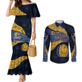 Personalized West Coast Eagles Football Couples Matching Mermaid Dress and Long Sleeve Button Shirt Easter Egg Pattern Blue Gold Tribal Dot Art Style