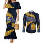 Personalized West Coast Eagles Football Couples Matching Mermaid Dress and Long Sleeve Button Shirt Easter Egg Pattern Blue Gold Tribal Dot Art Style