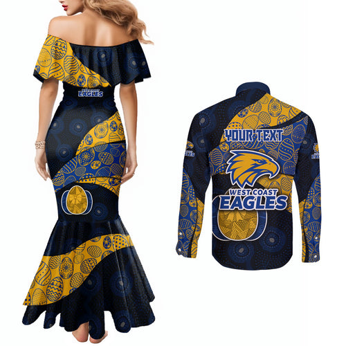 Personalized West Coast Eagles Football Couples Matching Mermaid Dress and Long Sleeve Button Shirt Easter Egg Pattern Blue Gold Tribal Dot Art Style