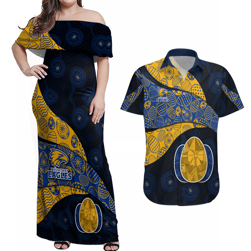 Personalized West Coast Eagles Football Couples Matching Off Shoulder Maxi Dress and Hawaiian Shirt Easter Egg Pattern Blue Gold Tribal Dot Art Style