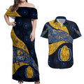 Personalized West Coast Eagles Football Couples Matching Off Shoulder Maxi Dress and Hawaiian Shirt Easter Egg Pattern Blue Gold Tribal Dot Art Style