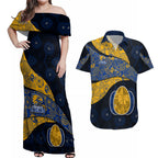 Personalized West Coast Eagles Football Couples Matching Off Shoulder Maxi Dress and Hawaiian Shirt Easter Egg Pattern Blue Gold Tribal Dot Art Style