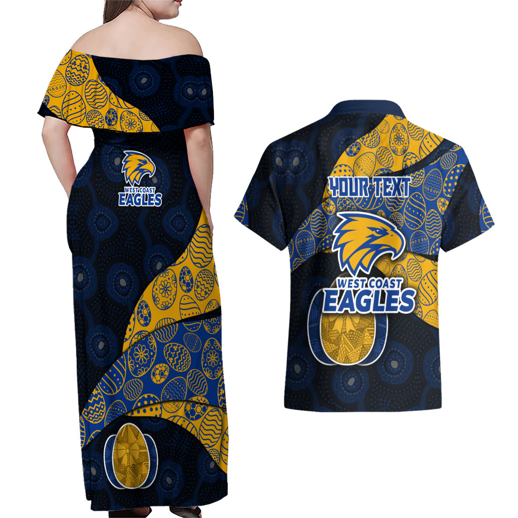 Personalized West Coast Eagles Football Couples Matching Off Shoulder Maxi Dress and Hawaiian Shirt Easter Egg Pattern Blue Gold Tribal Dot Art Style