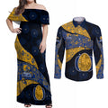 Personalized West Coast Eagles Football Couples Matching Off Shoulder Maxi Dress and Long Sleeve Button Shirt Easter Egg Pattern Blue Gold Tribal Dot Art Style