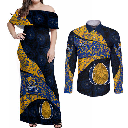 Personalized West Coast Eagles Football Couples Matching Off Shoulder Maxi Dress and Long Sleeve Button Shirt Easter Egg Pattern Blue Gold Tribal Dot Art Style