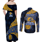 Personalized West Coast Eagles Football Couples Matching Off Shoulder Maxi Dress and Long Sleeve Button Shirt Easter Egg Pattern Blue Gold Tribal Dot Art Style