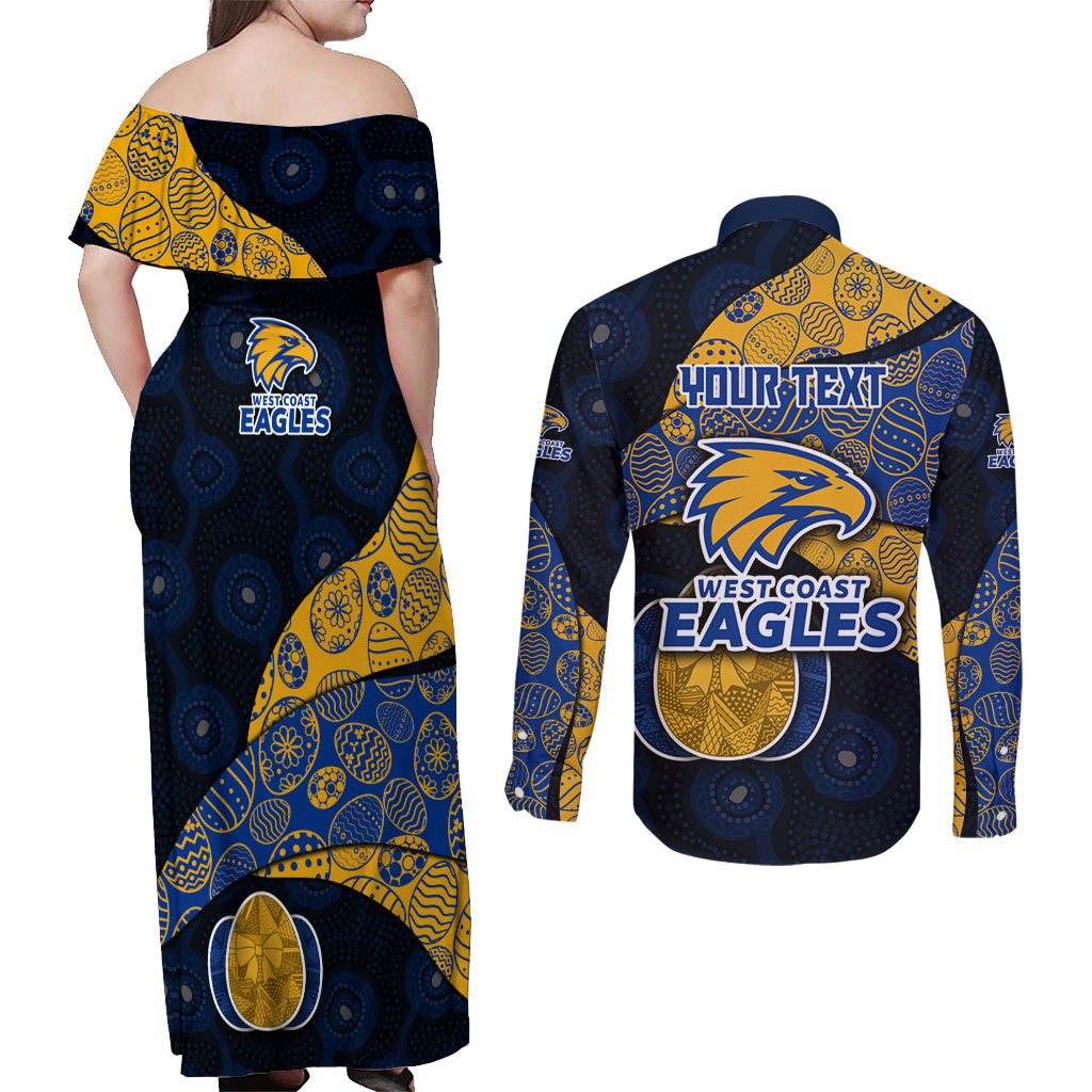Personalized West Coast Eagles Football Couples Matching Off Shoulder Maxi Dress and Long Sleeve Button Shirt Easter Egg Pattern Blue Gold Tribal Dot Art Style