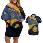 Personalized West Coast Eagles Football Couples Matching Off Shoulder Short Dress and Hawaiian Shirt Easter Egg Pattern Blue Gold Tribal Dot Art Style