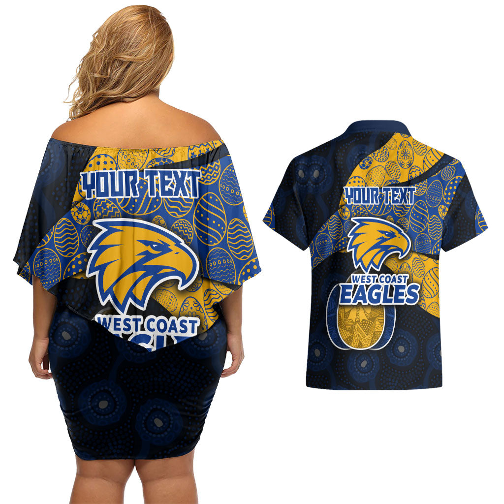 Personalized West Coast Eagles Football Couples Matching Off Shoulder Short Dress and Hawaiian Shirt Easter Egg Pattern Blue Gold Tribal Dot Art Style