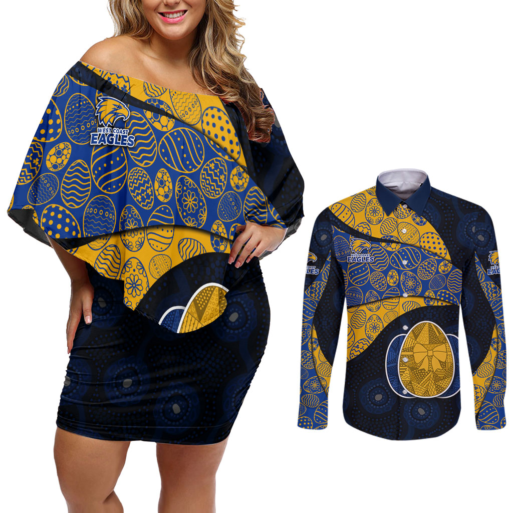 Personalized West Coast Eagles Football Couples Matching Off Shoulder Short Dress and Long Sleeve Button Shirt Easter Egg Pattern Blue Gold Tribal Dot Art Style