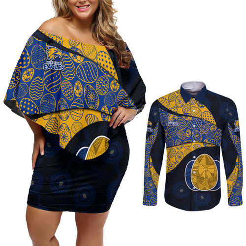 Personalized West Coast Eagles Football Couples Matching Off Shoulder Short Dress and Long Sleeve Button Shirt Easter Egg Pattern Blue Gold Tribal Dot Art Style