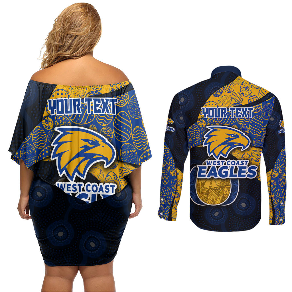 Personalized West Coast Eagles Football Couples Matching Off Shoulder Short Dress and Long Sleeve Button Shirt Easter Egg Pattern Blue Gold Tribal Dot Art Style