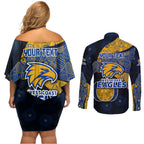 Personalized West Coast Eagles Football Couples Matching Off Shoulder Short Dress and Long Sleeve Button Shirt Easter Egg Pattern Blue Gold Tribal Dot Art Style