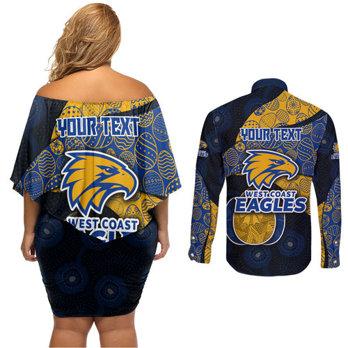 Personalized West Coast Eagles Football Couples Matching Off Shoulder Short Dress and Long Sleeve Button Shirt Easter Egg Pattern Blue Gold Tribal Dot Art Style
