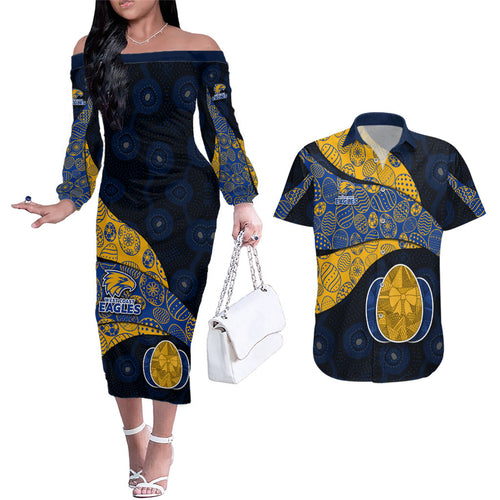 Personalized West Coast Eagles Football Couples Matching Off The Shoulder Long Sleeve Dress and Hawaiian Shirt Easter Egg Pattern Blue Gold Tribal Dot Art Style
