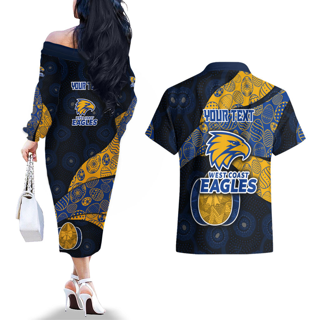 Personalized West Coast Eagles Football Couples Matching Off The Shoulder Long Sleeve Dress and Hawaiian Shirt Easter Egg Pattern Blue Gold Tribal Dot Art Style