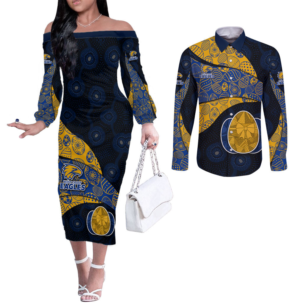 Personalized West Coast Eagles Football Couples Matching Off The Shoulder Long Sleeve Dress and Long Sleeve Button Shirt Easter Egg Pattern Blue Gold Tribal Dot Art Style