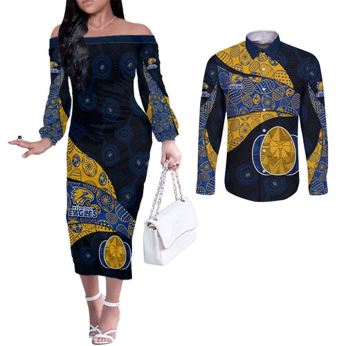 Personalized West Coast Eagles Football Couples Matching Off The Shoulder Long Sleeve Dress and Long Sleeve Button Shirt Easter Egg Pattern Blue Gold Tribal Dot Art Style