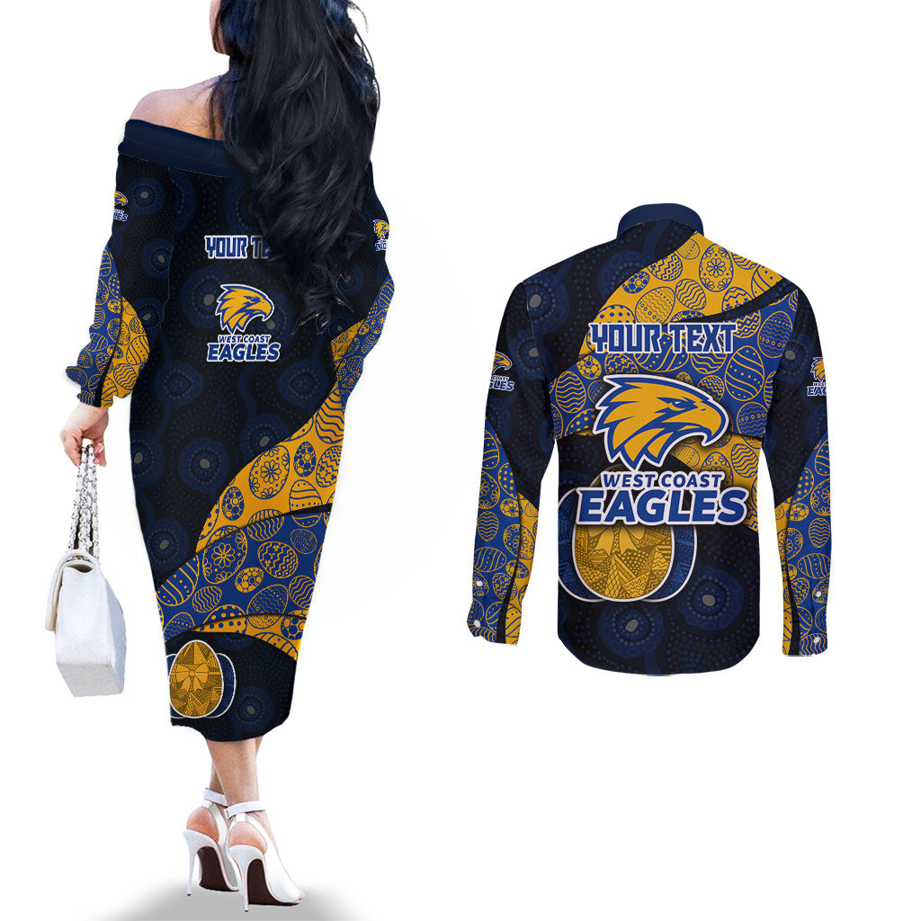 Personalized West Coast Eagles Football Couples Matching Off The Shoulder Long Sleeve Dress and Long Sleeve Button Shirt Easter Egg Pattern Blue Gold Tribal Dot Art Style