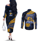 Personalized West Coast Eagles Football Couples Matching Off The Shoulder Long Sleeve Dress and Long Sleeve Button Shirt Easter Egg Pattern Blue Gold Tribal Dot Art Style