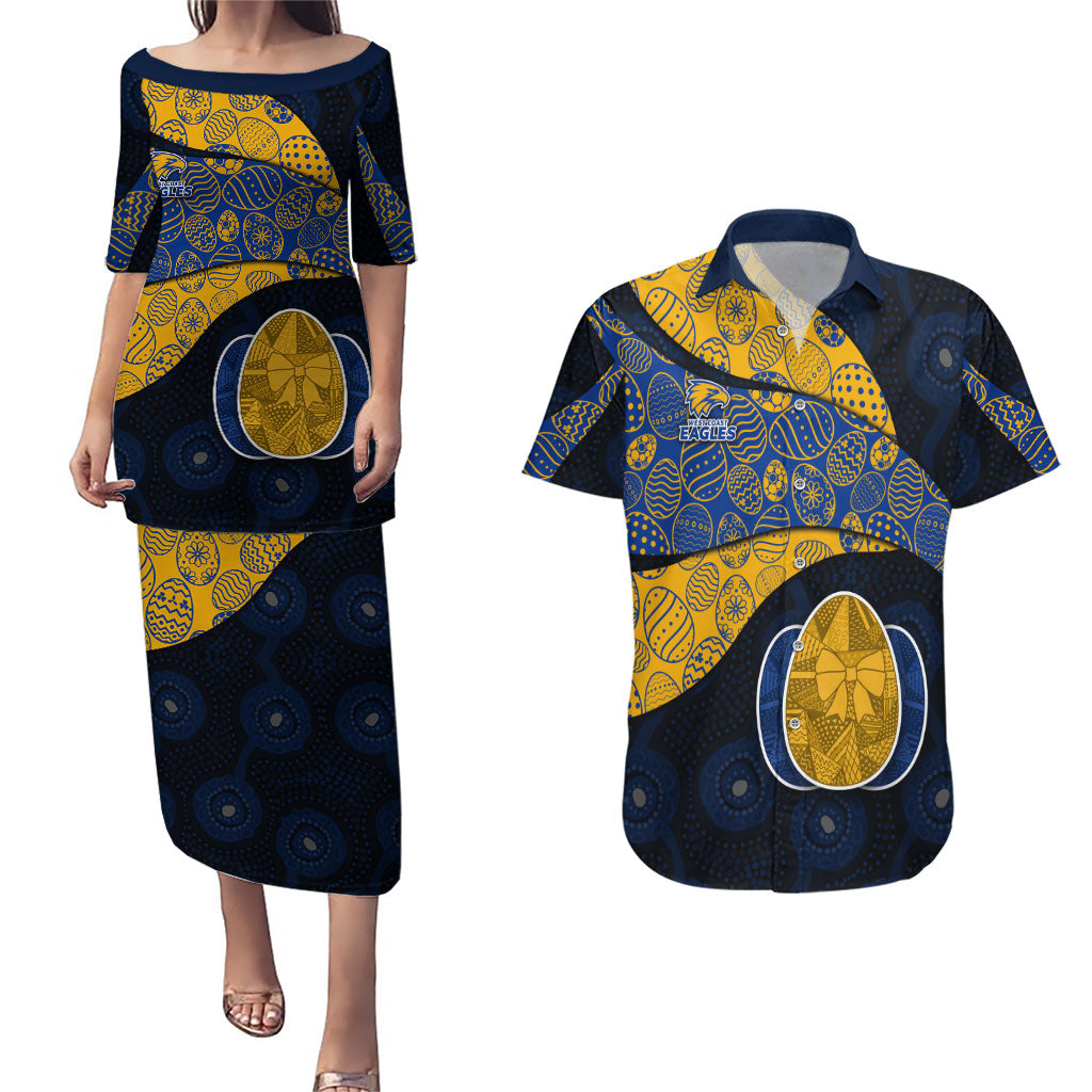Personalized West Coast Eagles Football Couples Matching Puletasi and Hawaiian Shirt Easter Egg Pattern Blue Gold Tribal Dot Art Style