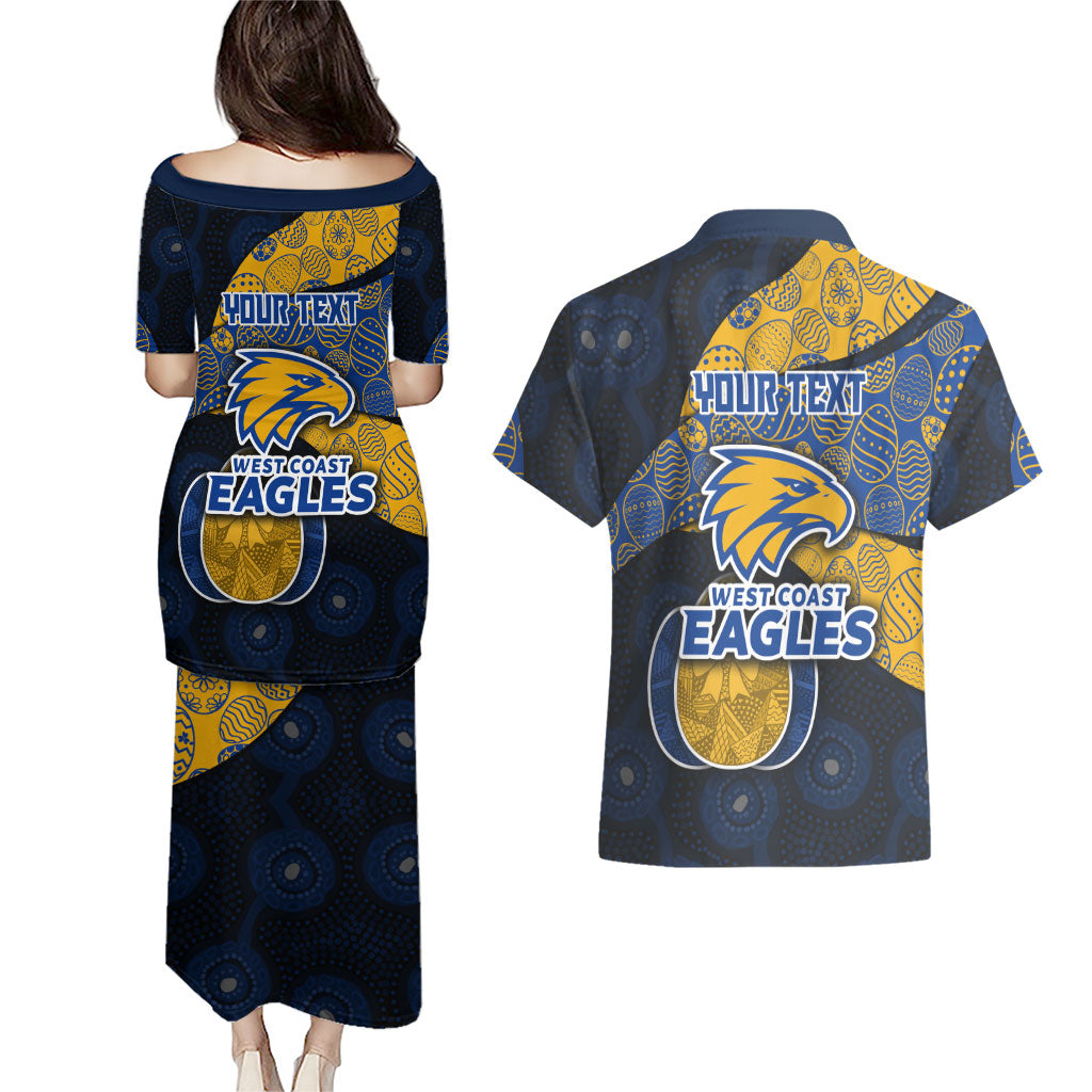 Personalized West Coast Eagles Football Couples Matching Puletasi and Hawaiian Shirt Easter Egg Pattern Blue Gold Tribal Dot Art Style