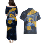 Personalized West Coast Eagles Football Couples Matching Puletasi and Hawaiian Shirt Easter Egg Pattern Blue Gold Tribal Dot Art Style