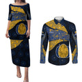 Personalized West Coast Eagles Football Couples Matching Puletasi and Long Sleeve Button Shirt Easter Egg Pattern Blue Gold Tribal Dot Art Style