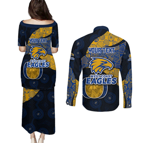 Personalized West Coast Eagles Football Couples Matching Puletasi and Long Sleeve Button Shirt Easter Egg Pattern Blue Gold Tribal Dot Art Style