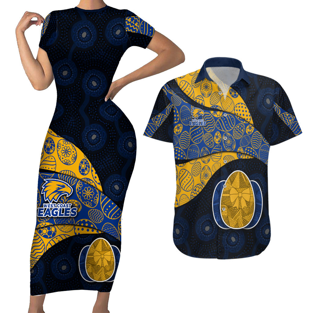 Personalized West Coast Eagles Football Couples Matching Short Sleeve Bodycon Dress and Hawaiian Shirt Easter Egg Pattern Blue Gold Tribal Dot Art Style
