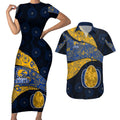 Personalized West Coast Eagles Football Couples Matching Short Sleeve Bodycon Dress and Hawaiian Shirt Easter Egg Pattern Blue Gold Tribal Dot Art Style