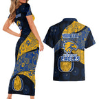 Personalized West Coast Eagles Football Couples Matching Short Sleeve Bodycon Dress and Hawaiian Shirt Easter Egg Pattern Blue Gold Tribal Dot Art Style