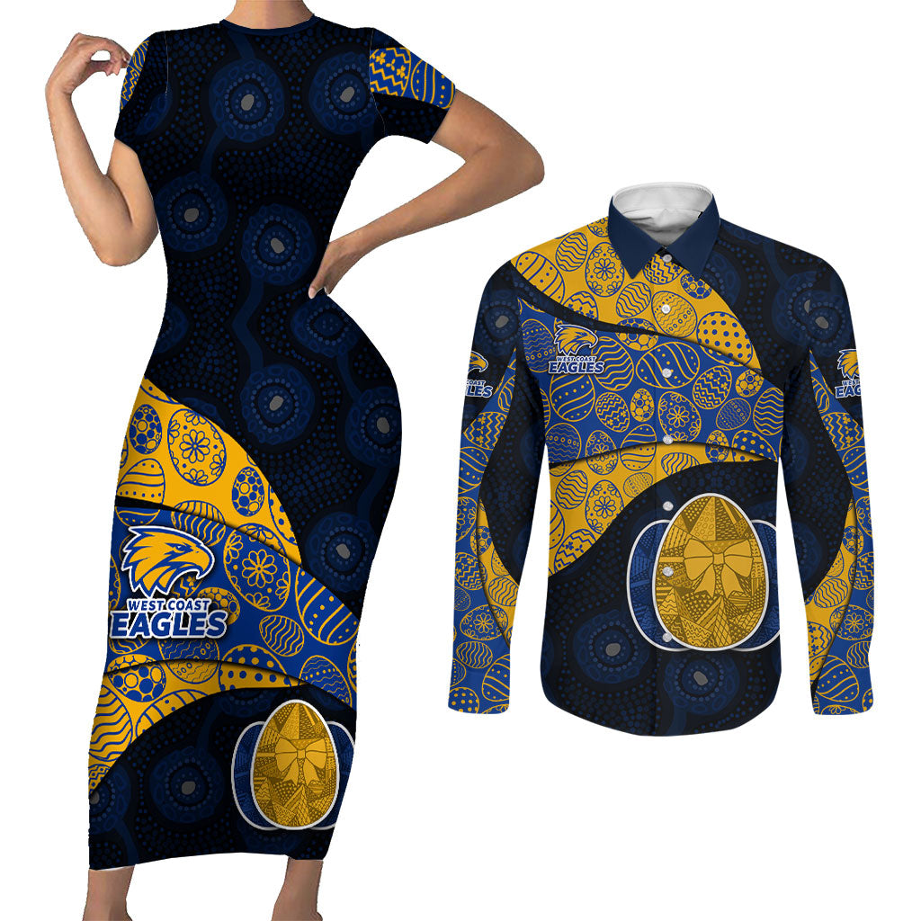 Personalized West Coast Eagles Football Couples Matching Short Sleeve Bodycon Dress and Long Sleeve Button Shirt Easter Egg Pattern Blue Gold Tribal Dot Art Style