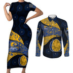 Personalized West Coast Eagles Football Couples Matching Short Sleeve Bodycon Dress and Long Sleeve Button Shirt Easter Egg Pattern Blue Gold Tribal Dot Art Style