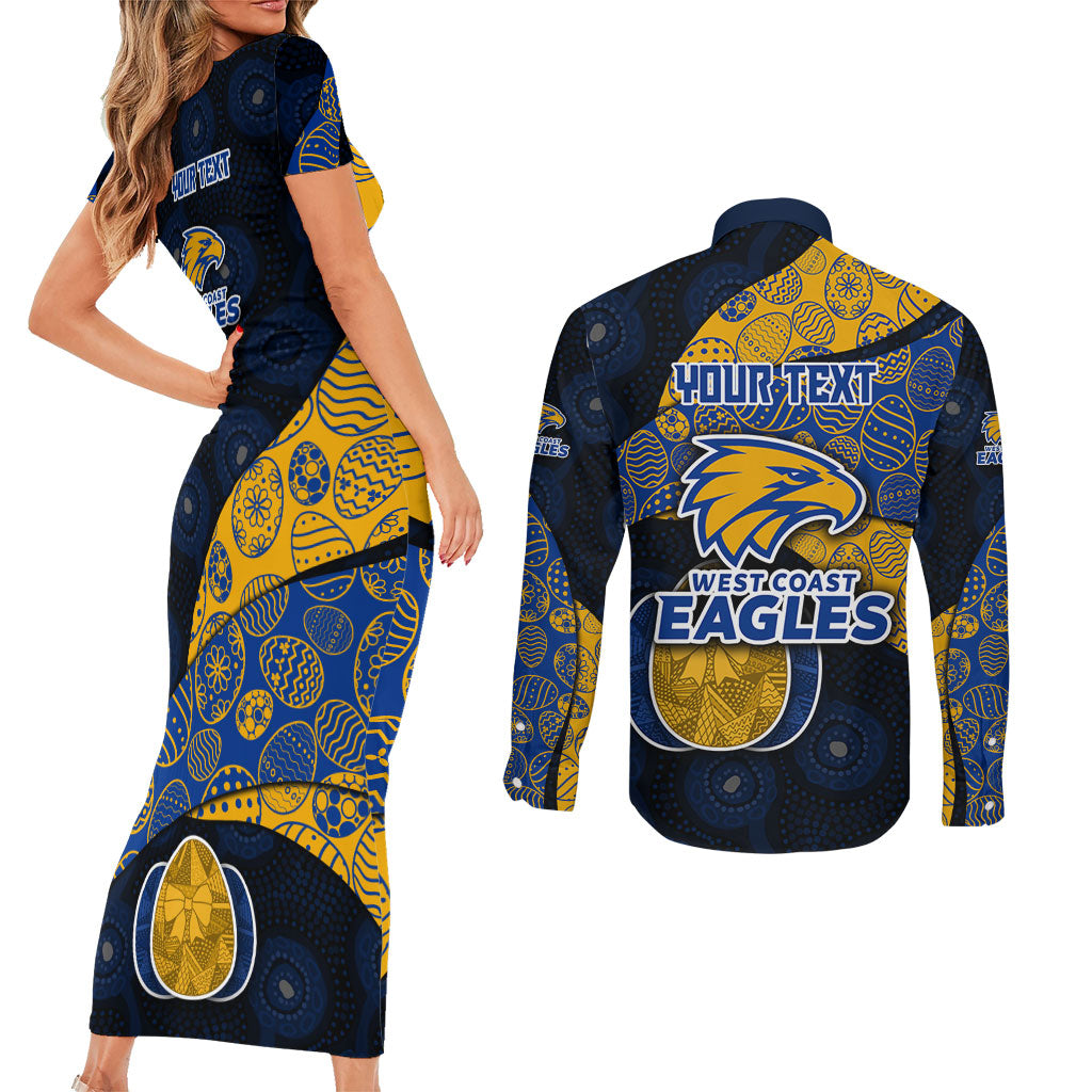 Personalized West Coast Eagles Football Couples Matching Short Sleeve Bodycon Dress and Long Sleeve Button Shirt Easter Egg Pattern Blue Gold Tribal Dot Art Style